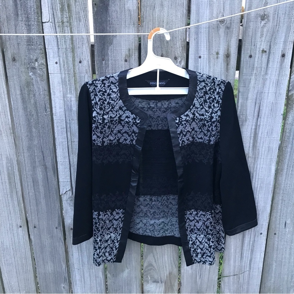 Ming Wang  open cardigan with leather trim